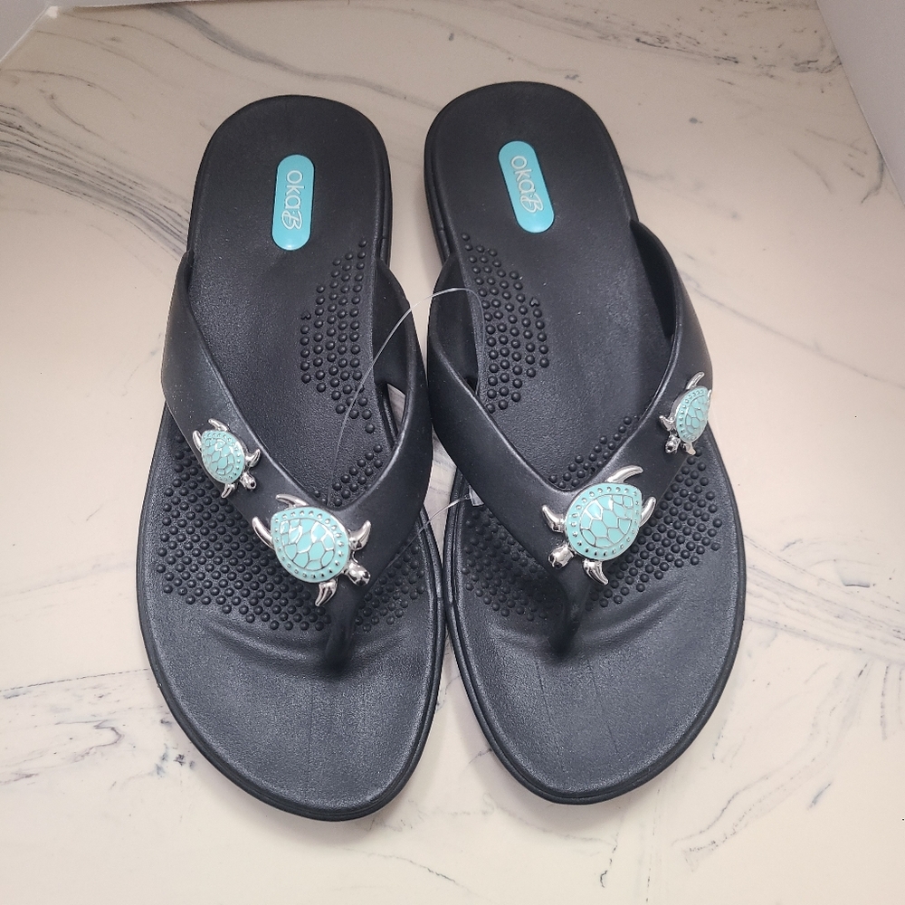 NWOT OkaB Women's Nautical Beach Cruise Resort Vacation Summer BlackSandals Sz M